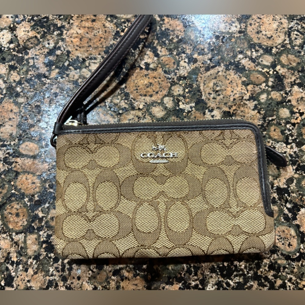 Coach Khaki and Chocolate Signature Canvas Wristlet